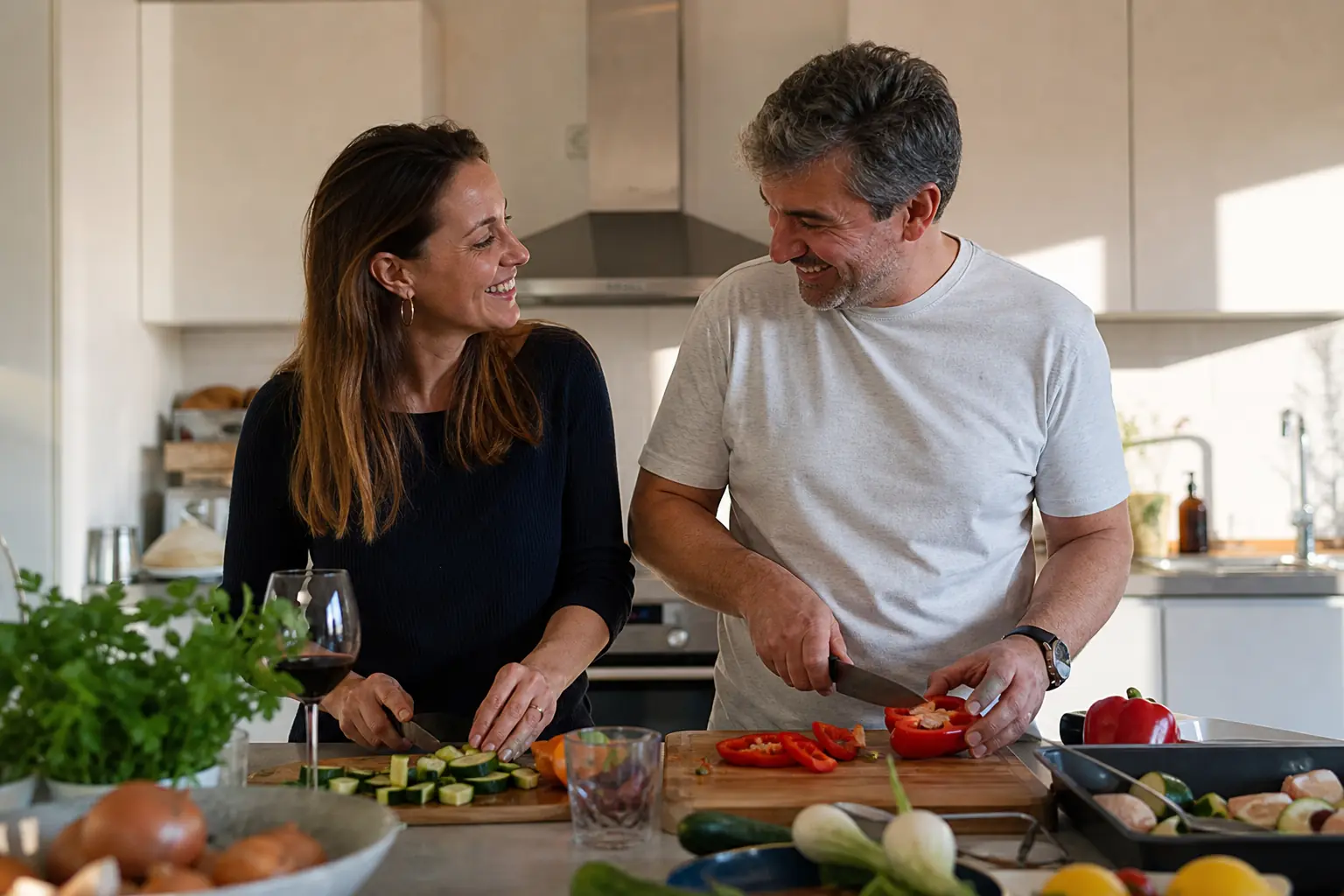 Un couple d'une quarantaine d'années prépare le repas dans une cuisine lumineuse, en discutant