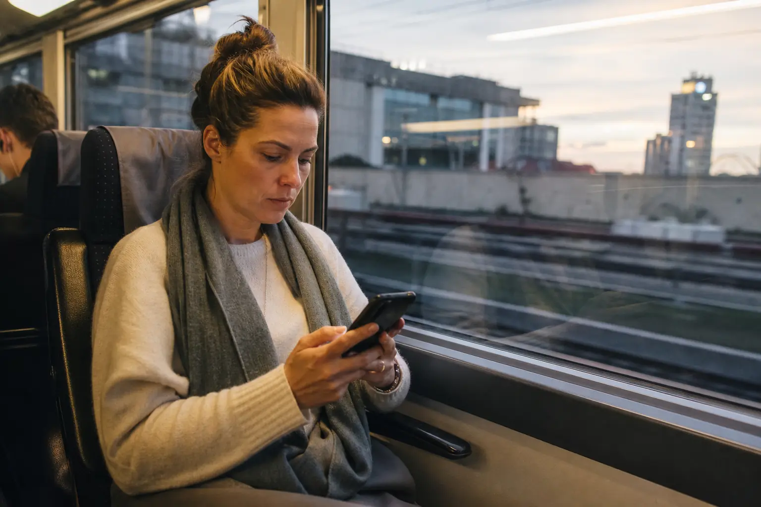 Une personne adulte consulte son téléphone dans un train, la lumière du soir aux fenêtres