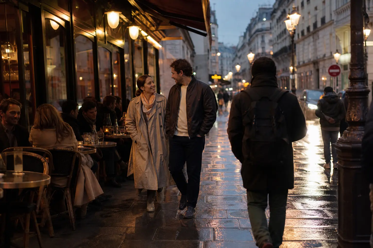 Une rue de ville en soirée, terrasses éclairées et passants, ambiance urbaine calme