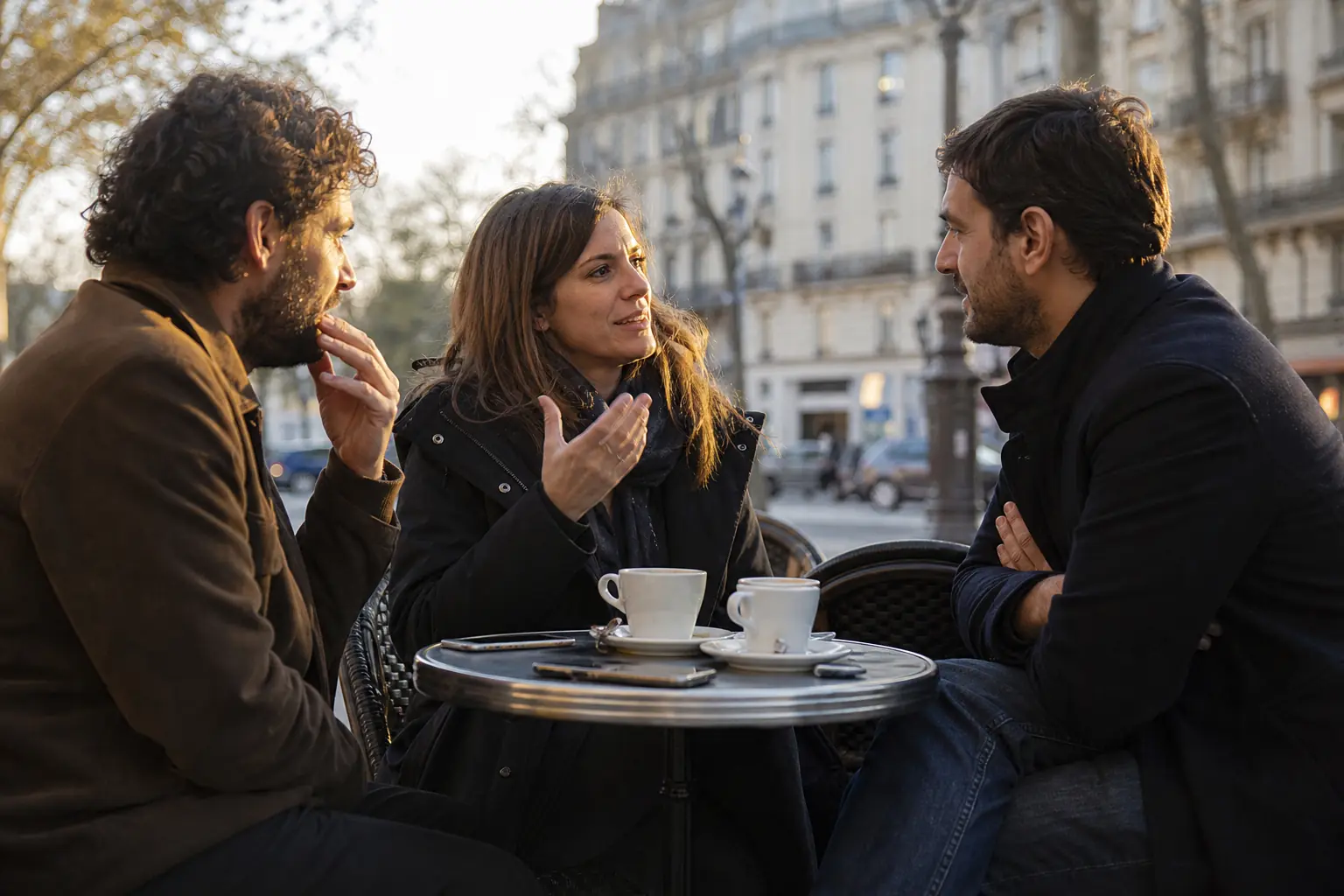 Trois adultes discutent autour d'une table de café en terrasse, en fin de journée