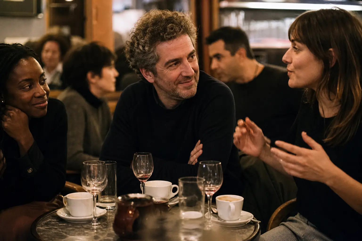 Un groupe d'adultes discute autour d'une table de bistrot, ambiance conviviale de soirée