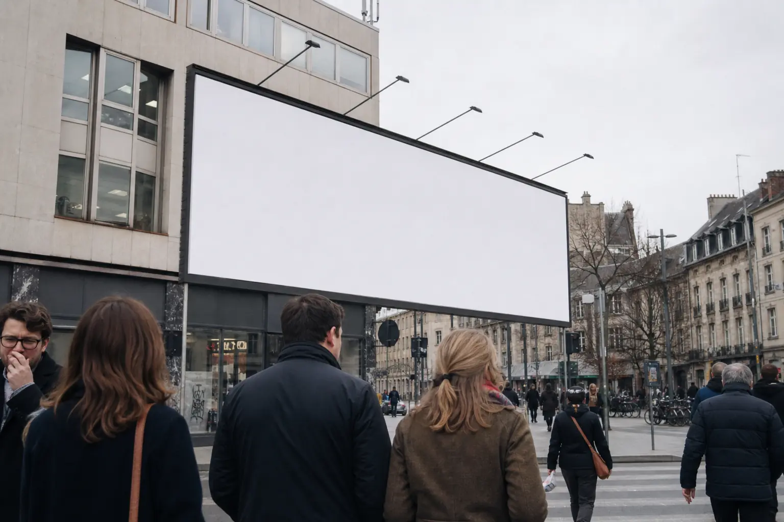 Un panneau publicitaire vierge dans une rue de ville sous un ciel gris