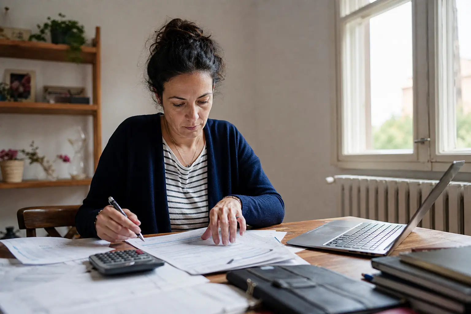 Une personne adulte organise des documents administratifs et une déclaration sur un bureau