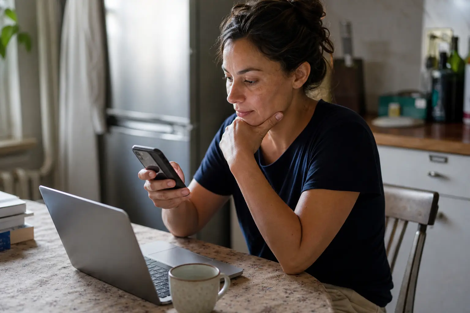 Une personne adulte compare deux produits sur son téléphone, assise à une table de cuisine