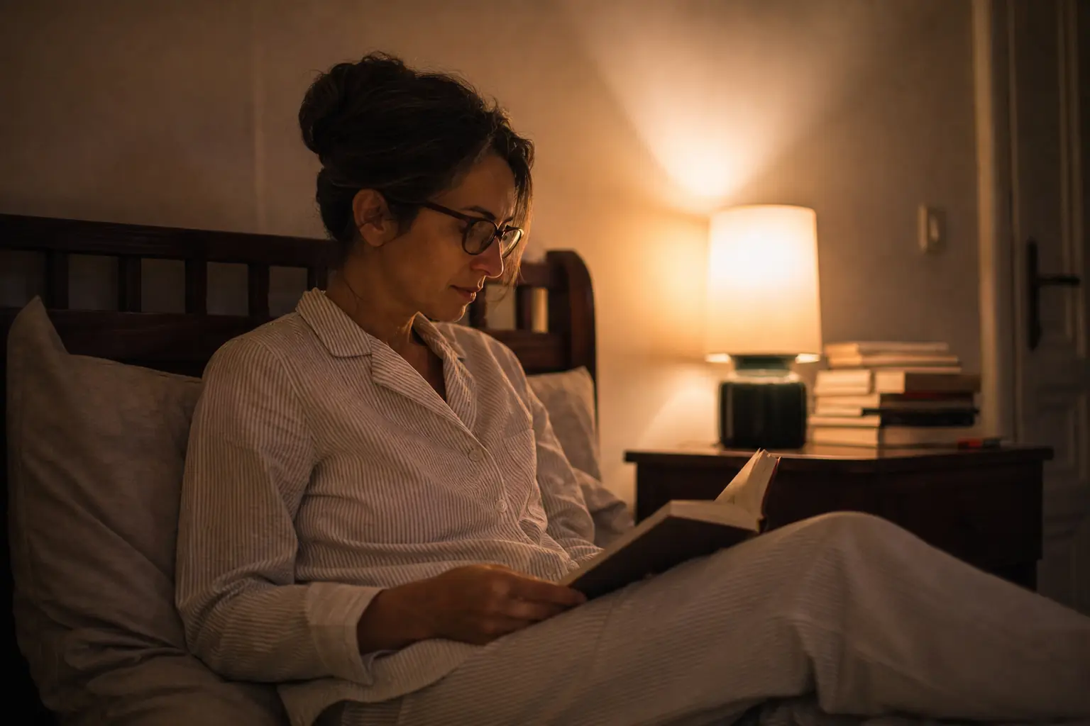 Une femme adulte lit dans son lit, une lampe de chevet allumée, ambiance calme du soir