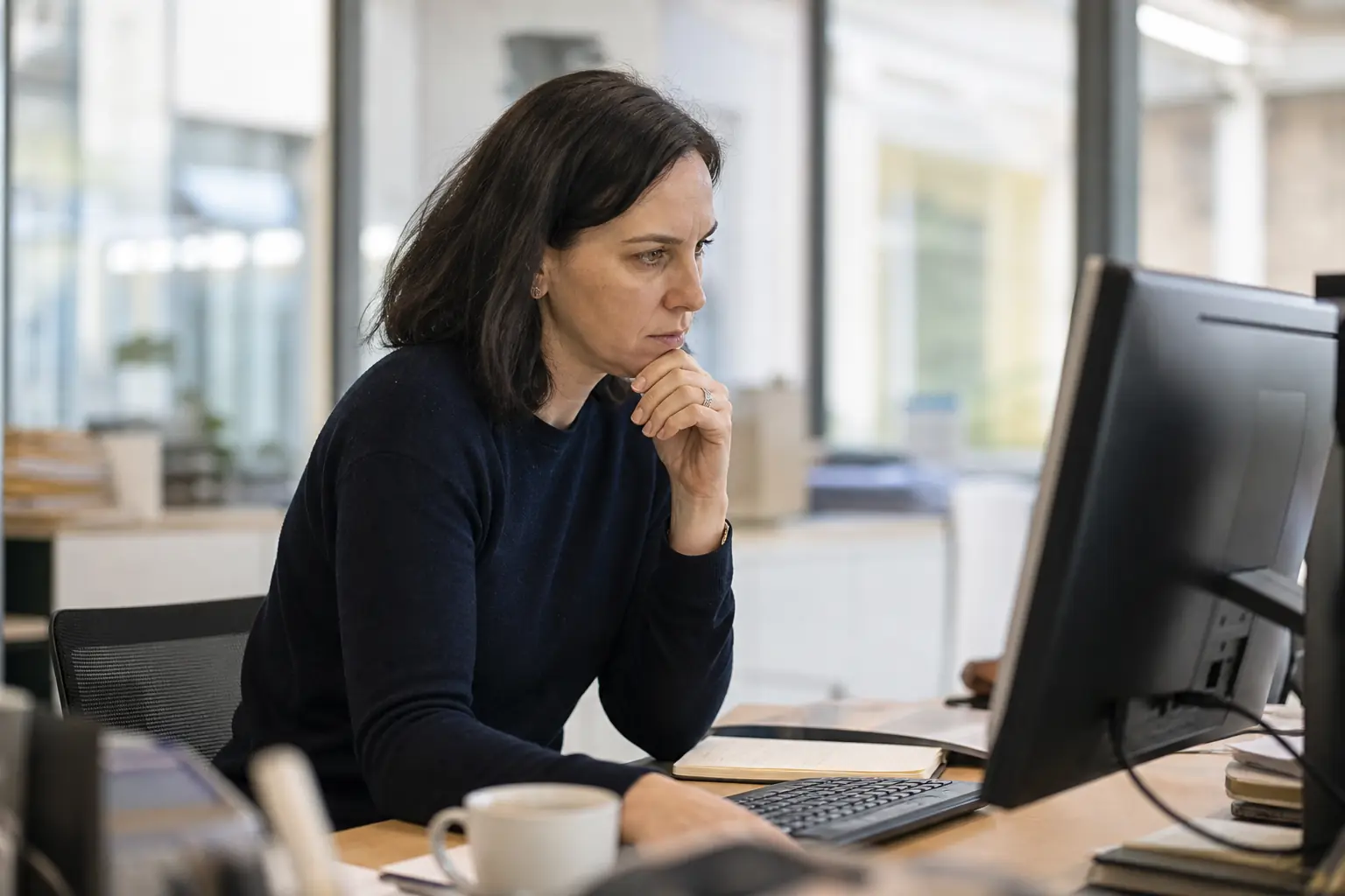 Une personne adulte examine un document sur un écran, dans un bureau clair