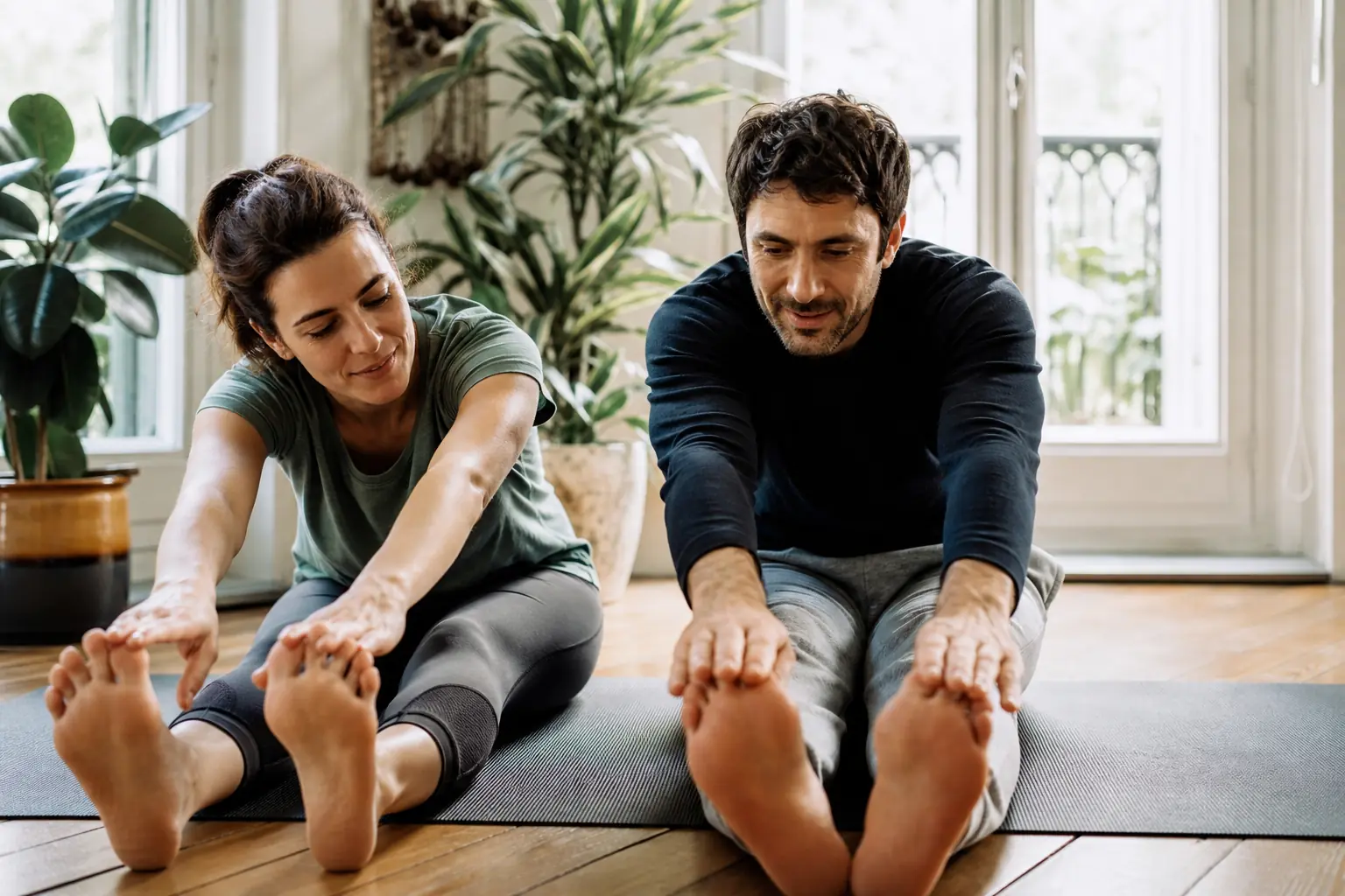 Un couple adulte s'étire côte à côte sur un tapis de sol dans un salon clair