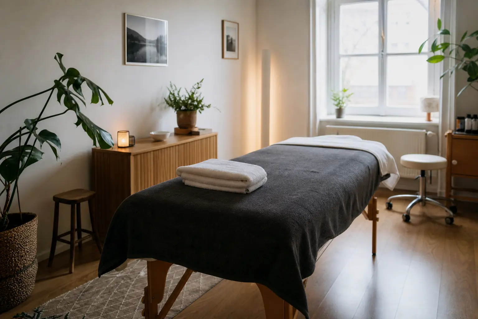 Une table de massage préparée dans une pièce claire, serviettes pliées et plantes vertes