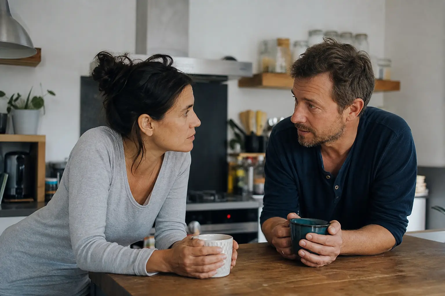 Un couple adulte discute sérieusement dans la cuisine, tasses de café posées sur le plan de travail