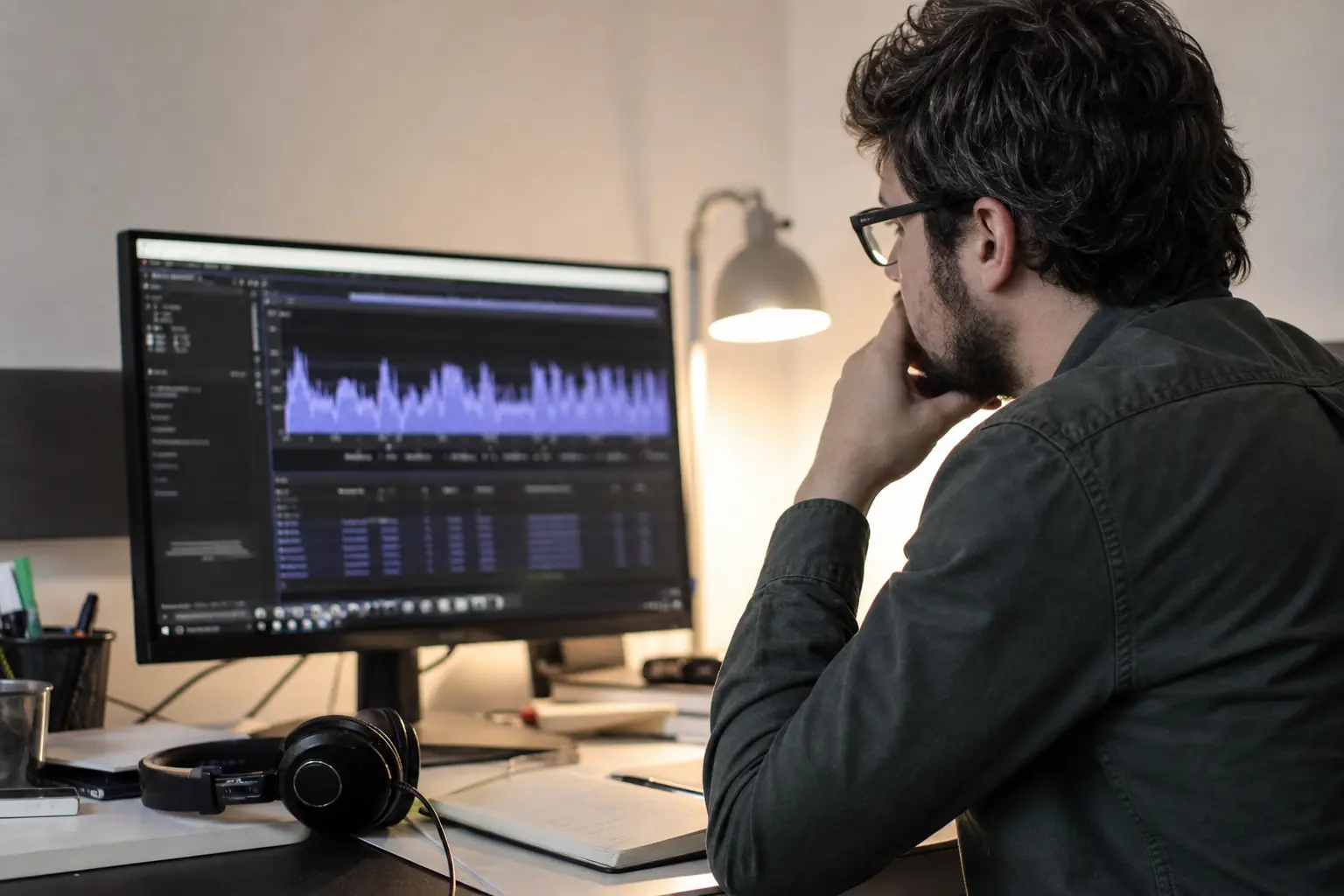 Un moniteur affiche une courbe de débit vidéo dans un logiciel d'encodage