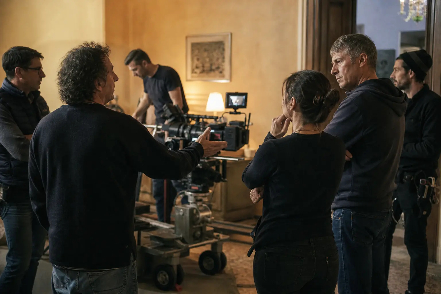 Une équipe de tournage prépare un plan, la réalisatrice donne des indications