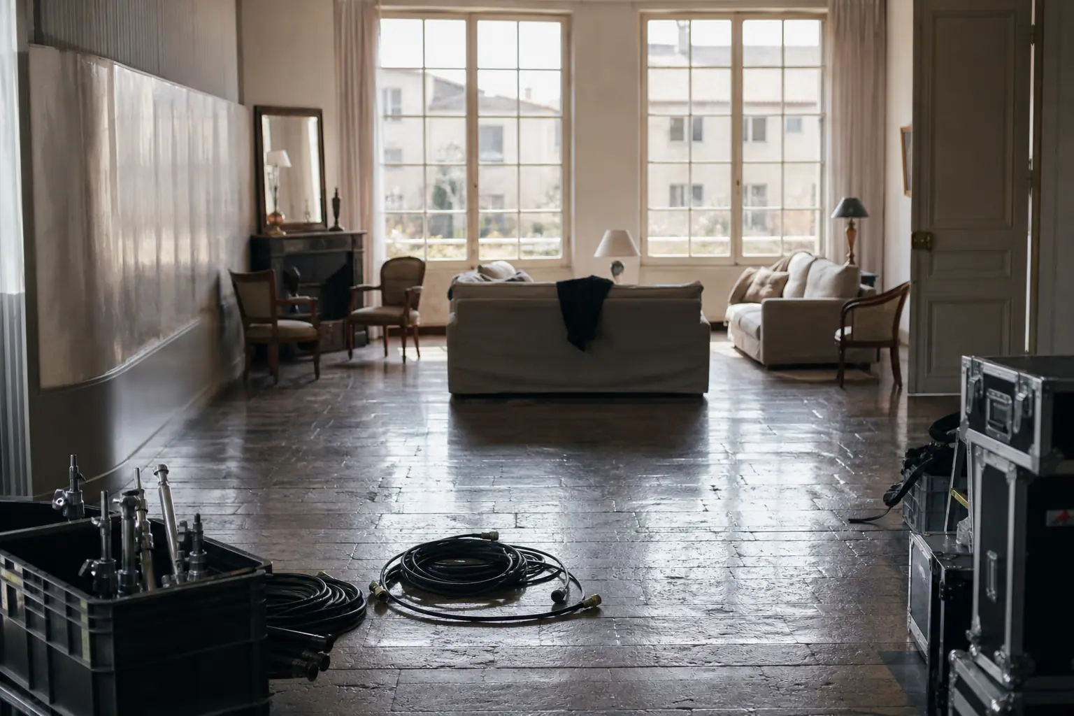 Un plateau de tournage vide, projecteurs éteints et matériel rangé
