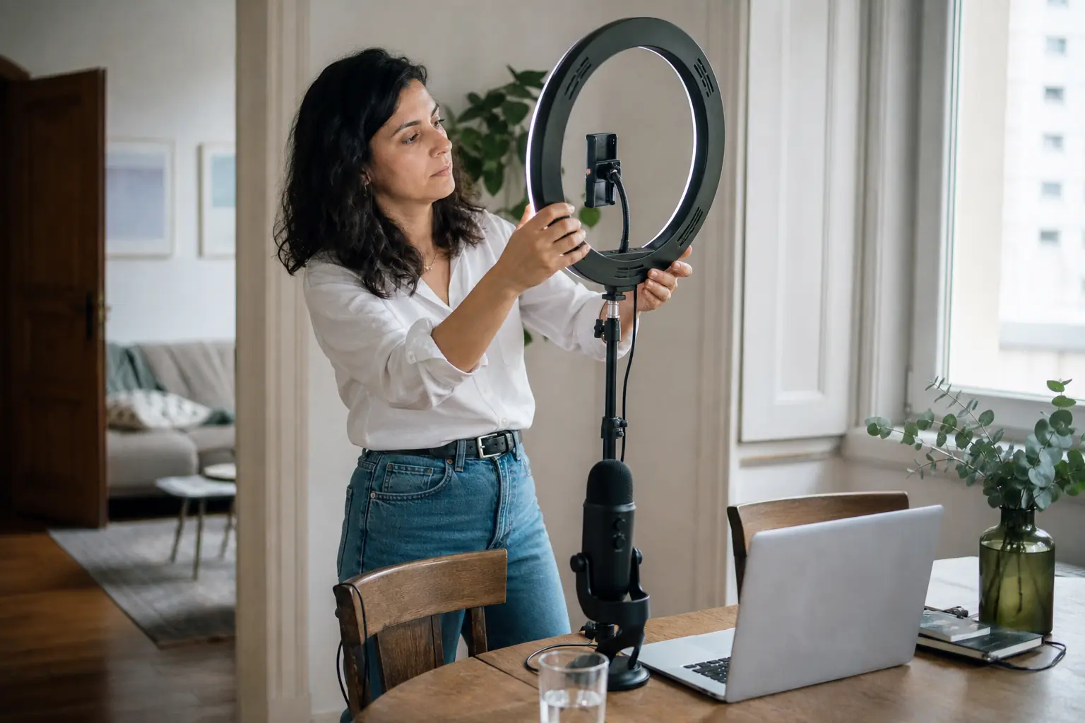 Une créatrice de contenu prépare un éclairage devant son ordinateur, dans son appartement