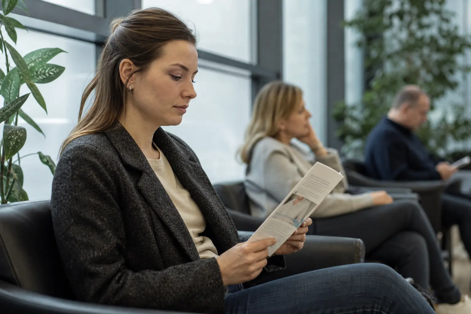 Une jeune femme adulte consulte une brochure de santé dans une salle d'attente lumineuse