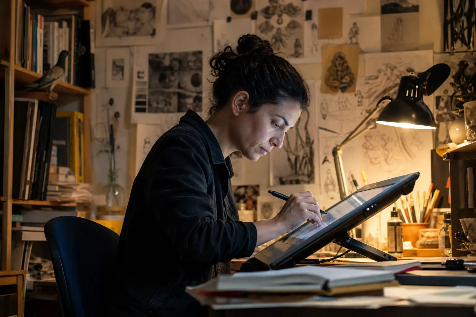 Un illustrateur dessine sur une tablette graphique dans un atelier encombré de croquis
