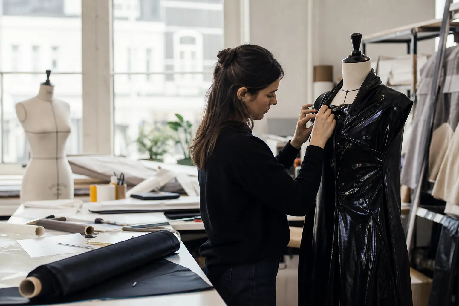 Un créateur de mode travaille une matière brillante sur un mannequin, dans son atelier