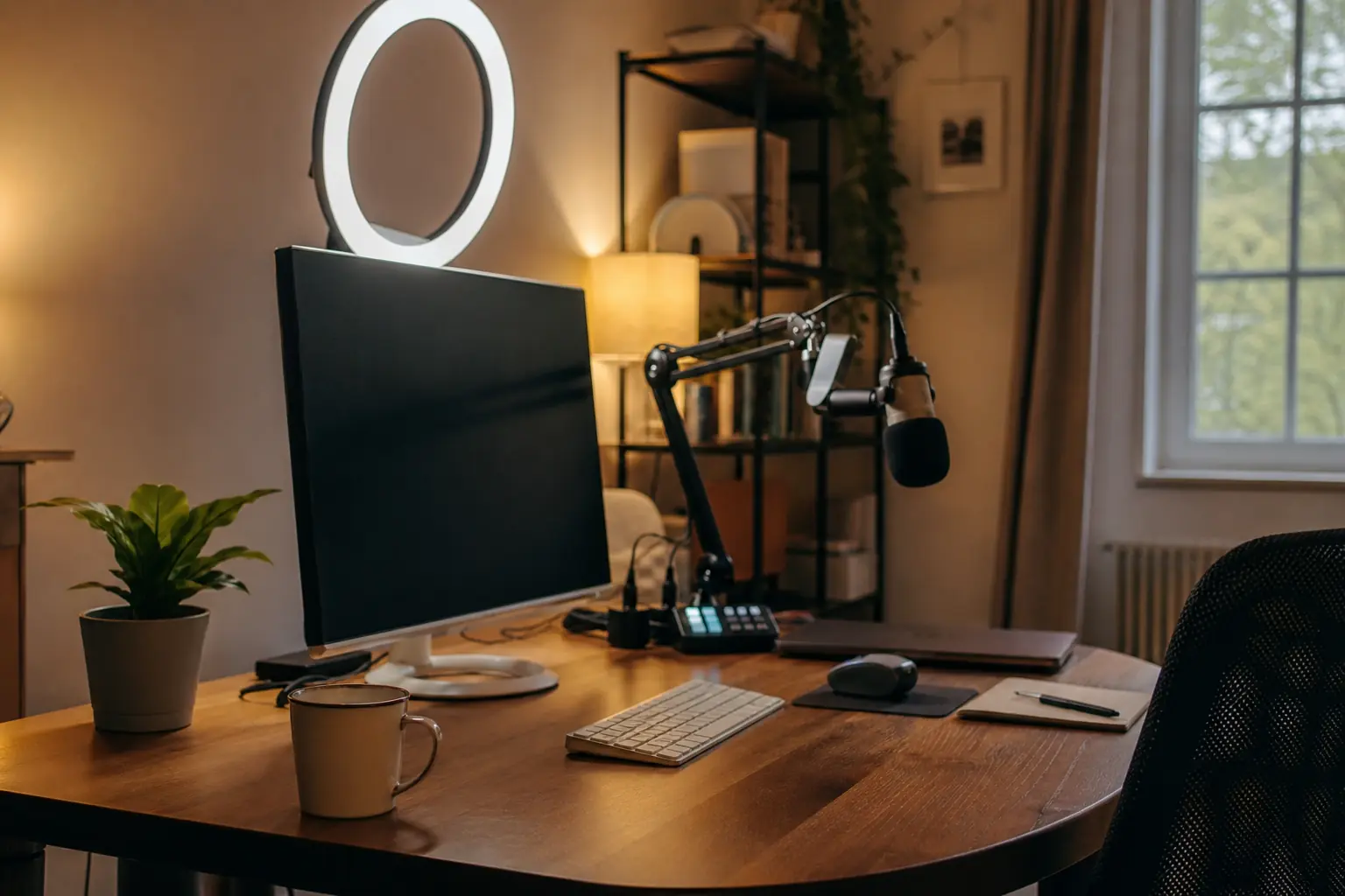 Un espace de travail avec micro, éclairage annulaire et ordinateur, prêt pour une diffusion