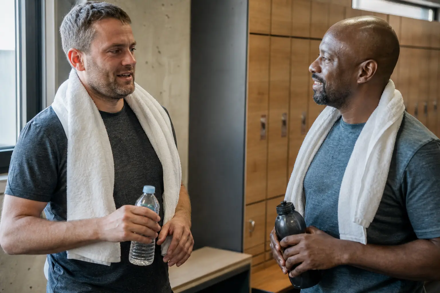 Deux hommes adultes discutent après une séance de sport, serviettes autour du cou