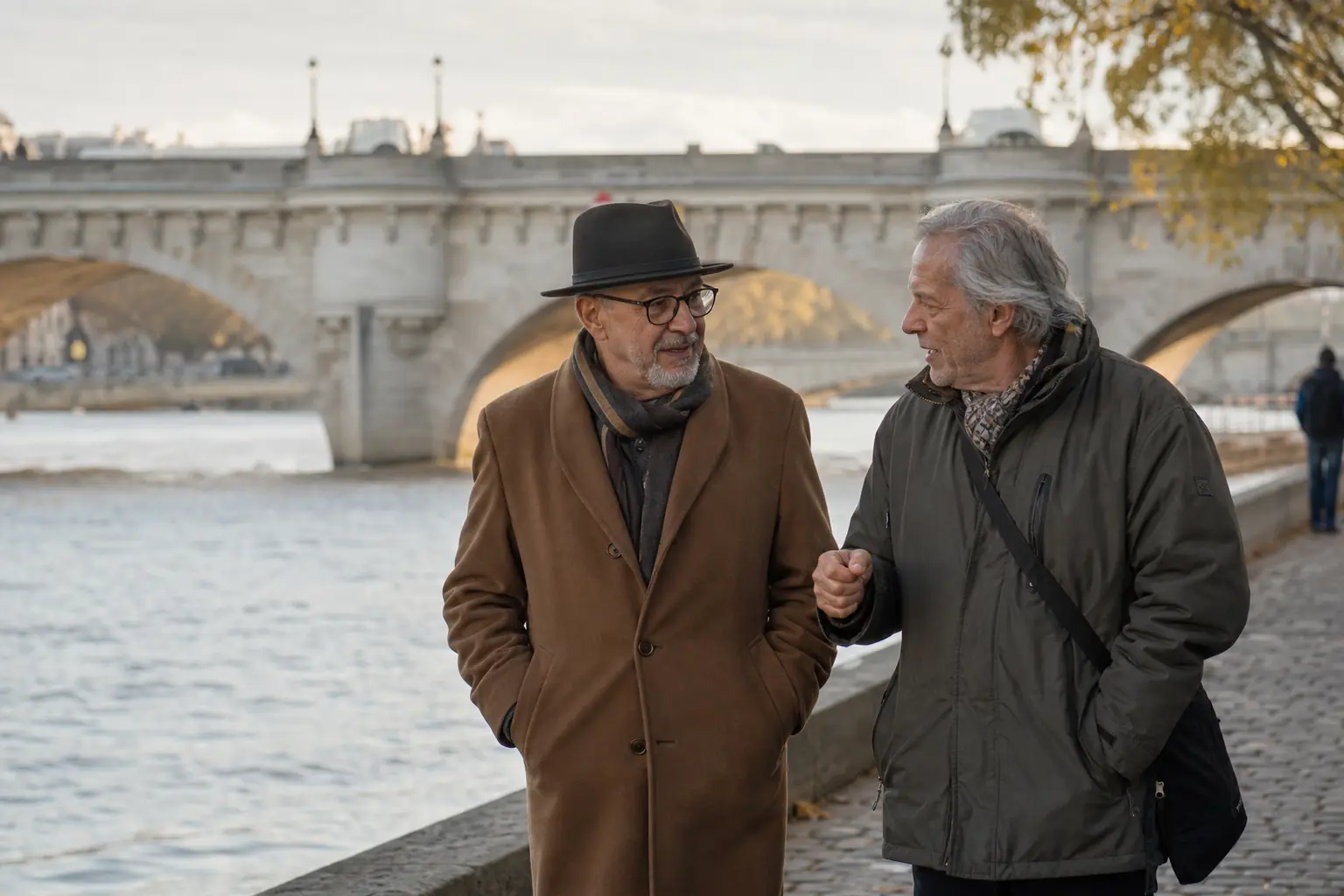 Deux hommes d'une soixantaine d'années marchent ensemble le long d'un quai, en discutant