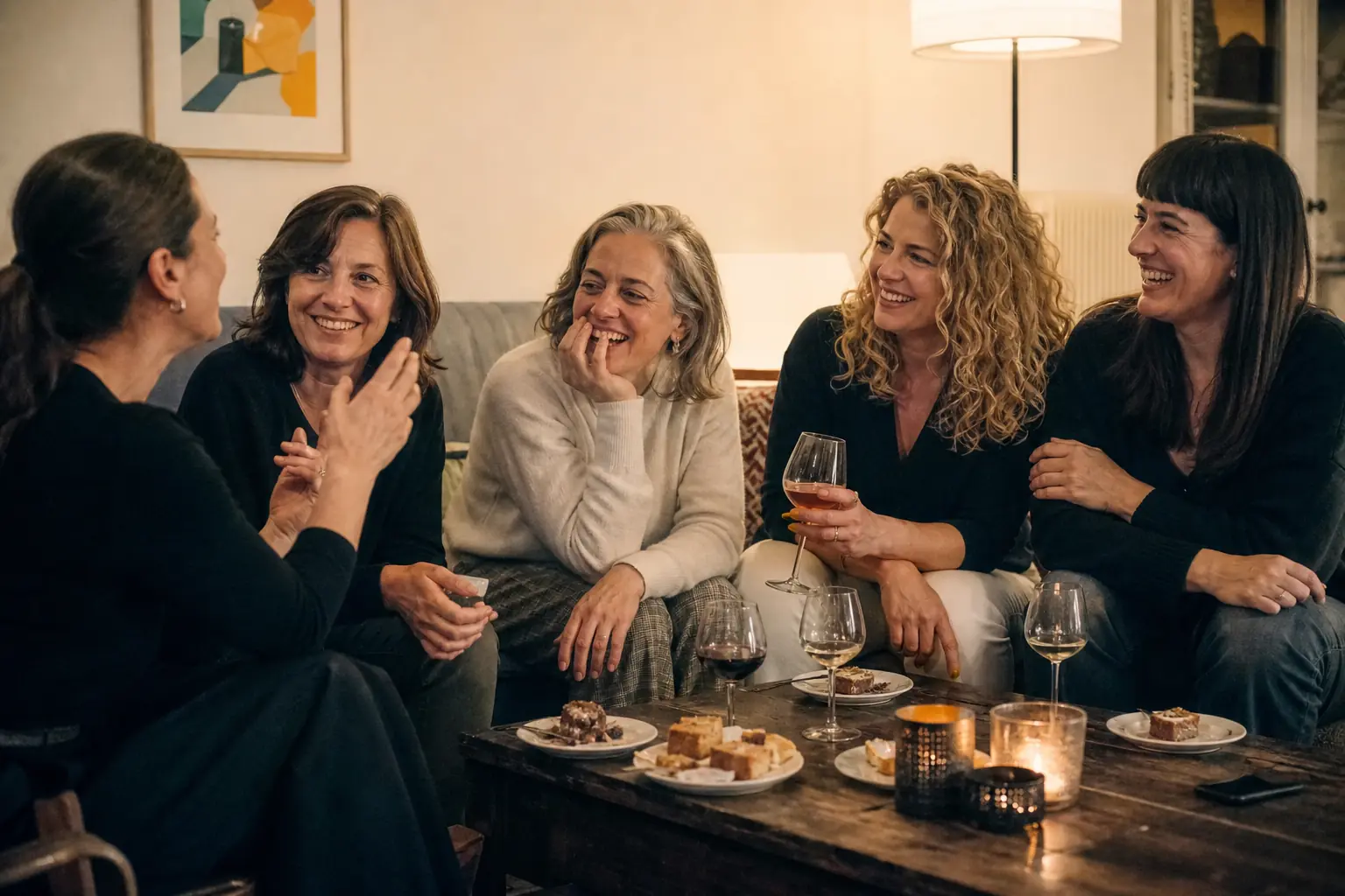 Cinq amies adultes discutent autour d'une table basse dans un salon, verres et gâteaux