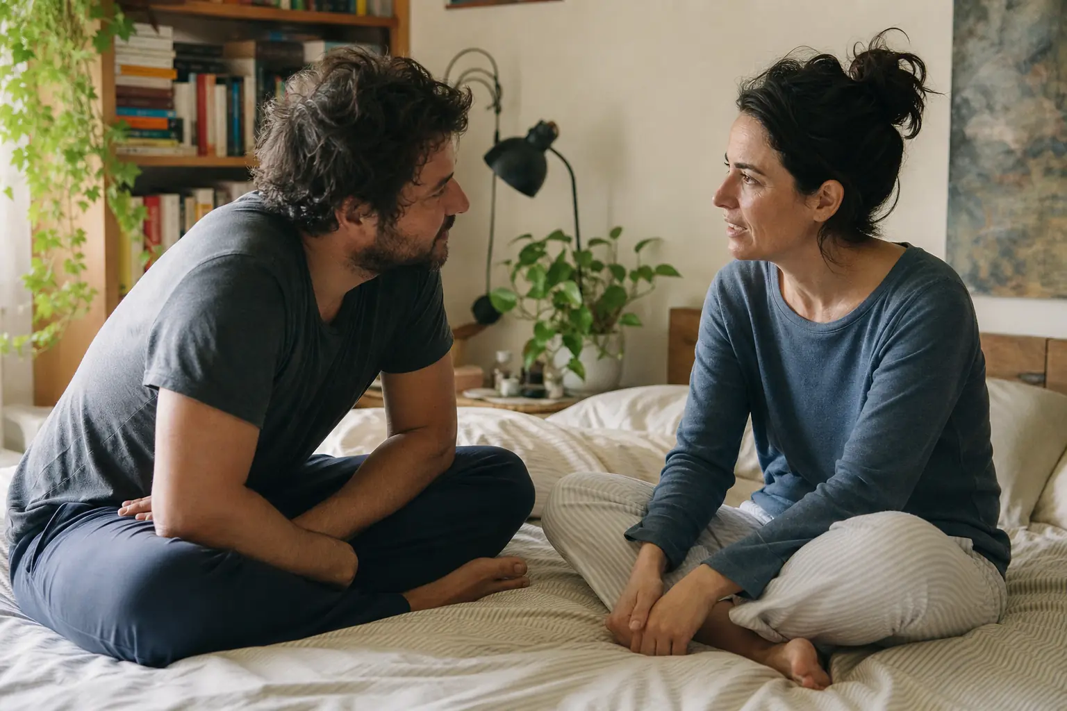 Un couple adulte assis en tailleur sur un lit, en pyjama, en pleine conversation