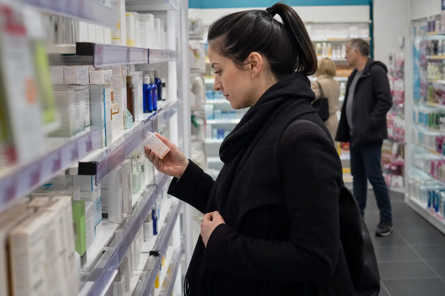Un rayon de parapharmacie bien rangé, produits de bien-être et signalétique claire