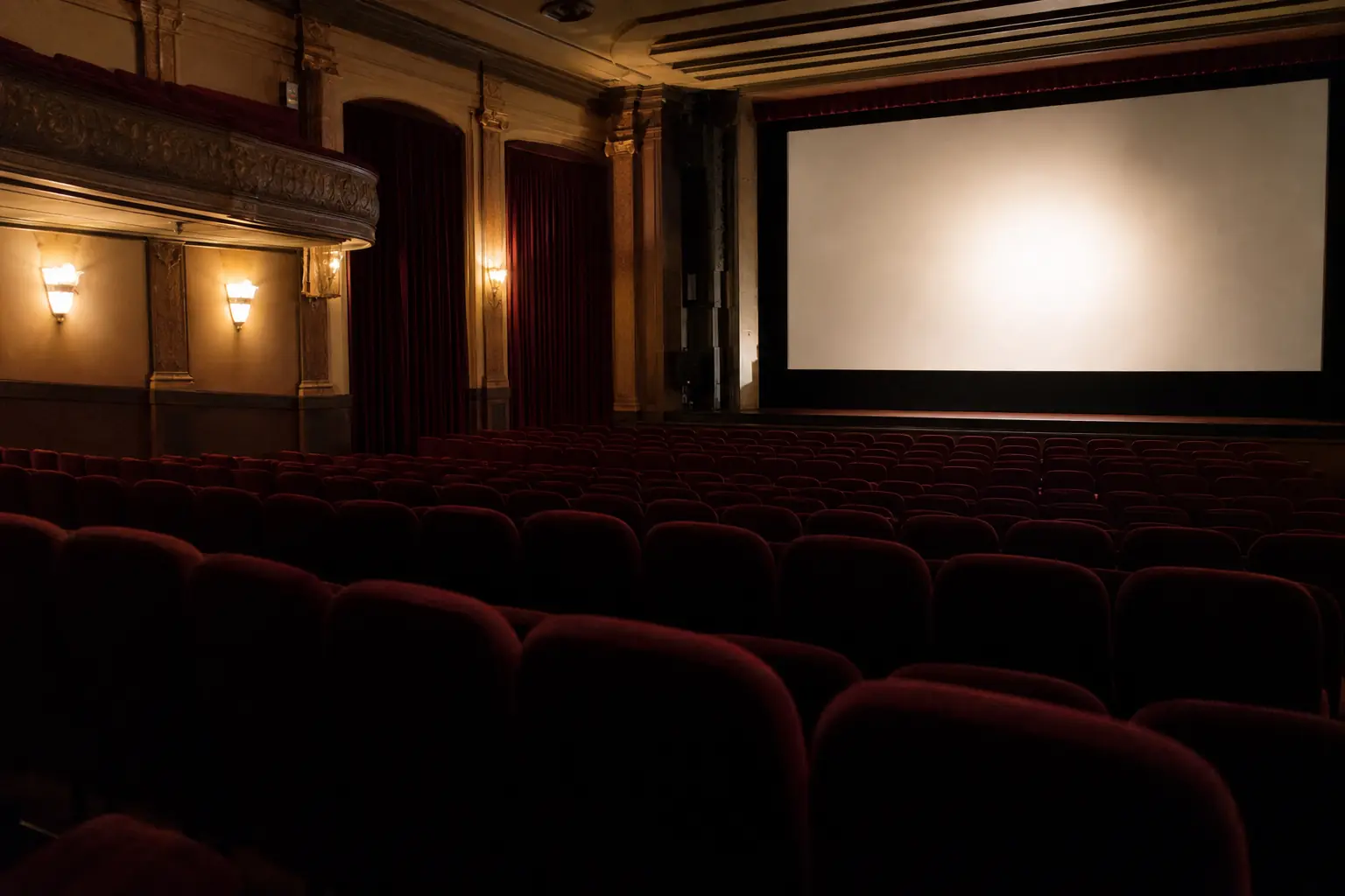 Une salle de cinéma vide aux fauteuils rouges, l'écran éclairé